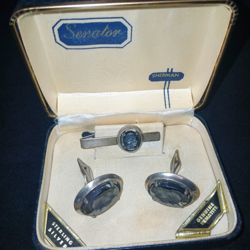 SHERMAN  Vintage Sterling Silver / Hematite Tie Clip / Cuff Links